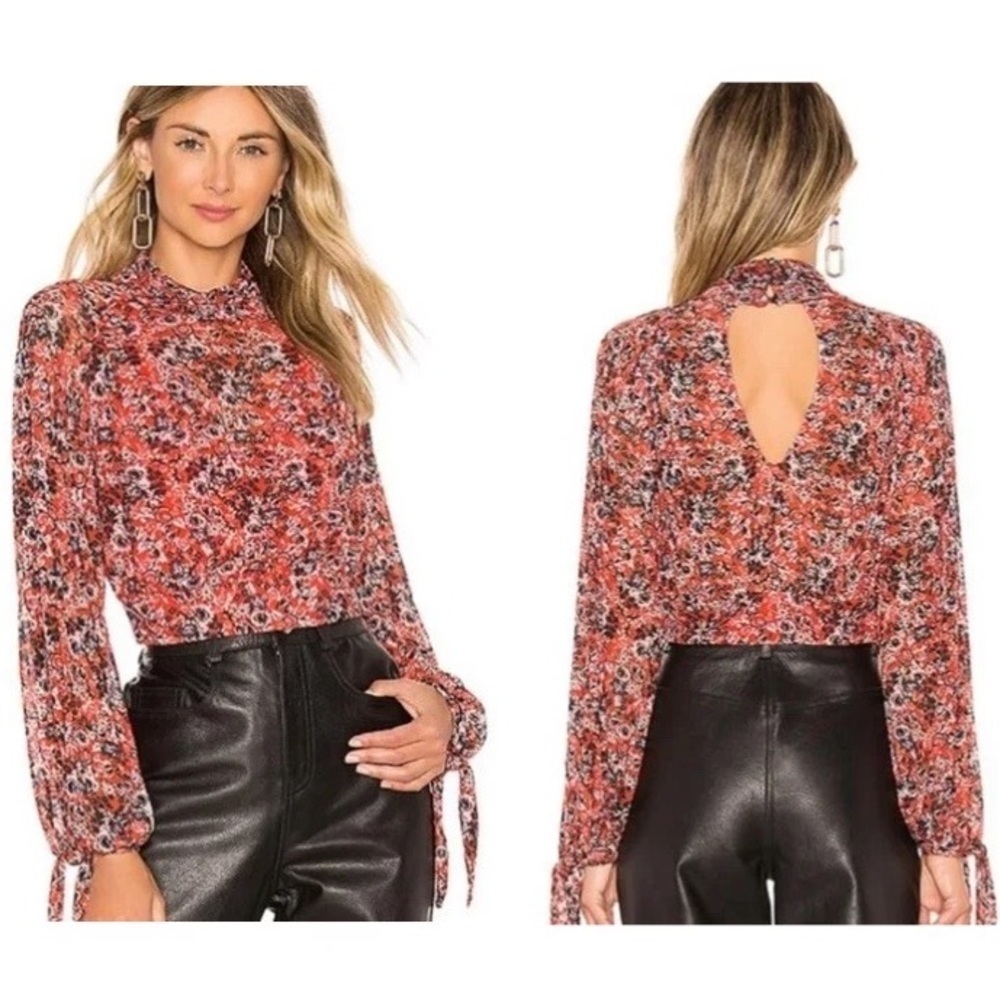 Free People Orange All Dolled Up Mesh Floral Mock Neck Open Back Top EUC Size S